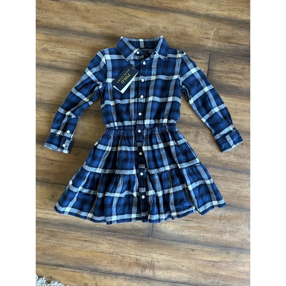 Polo Ralph Lauren Big Girls Plaid Tiered Cotton Flannel Shirtdress Blue Size 16 - Picture 4 of 7